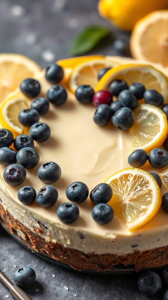 A delicious Lemon Blueberry No Bake Cheesecake topped with fresh blueberries and lemon slices.