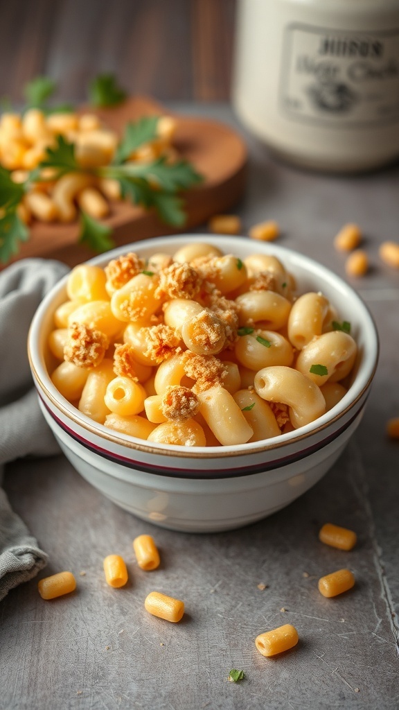 A bowl of creamy macaroni and cheese topped with breadcrumbs, with some macaroni pieces scattered around.