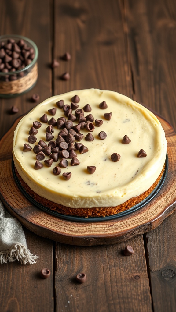 A delicious Chocolate Chip Cookie Dough Cheesecake topped with chocolate chips on a wooden platter.