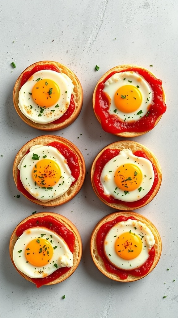 Breakfast pizza on English muffins with eggs and tomato sauce