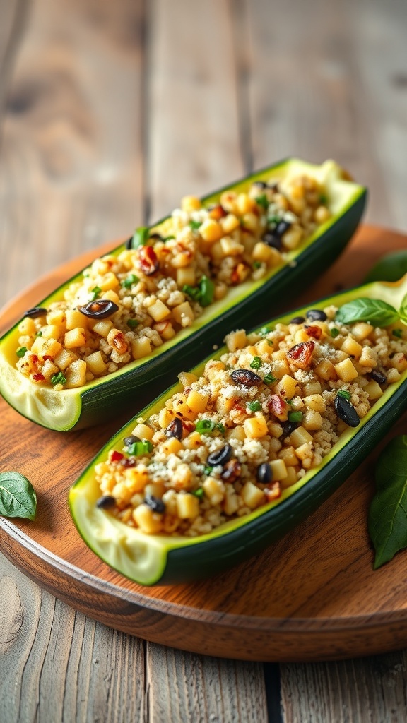 Stuffed zucchini boats filled with quinoa and cheese on a wooden platter.