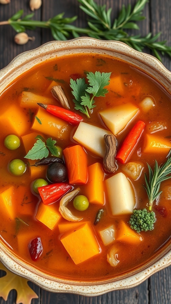 A bowl of autumn harvest vegetable soup filled with colorful vegetables like squash, carrots, and bell peppers.