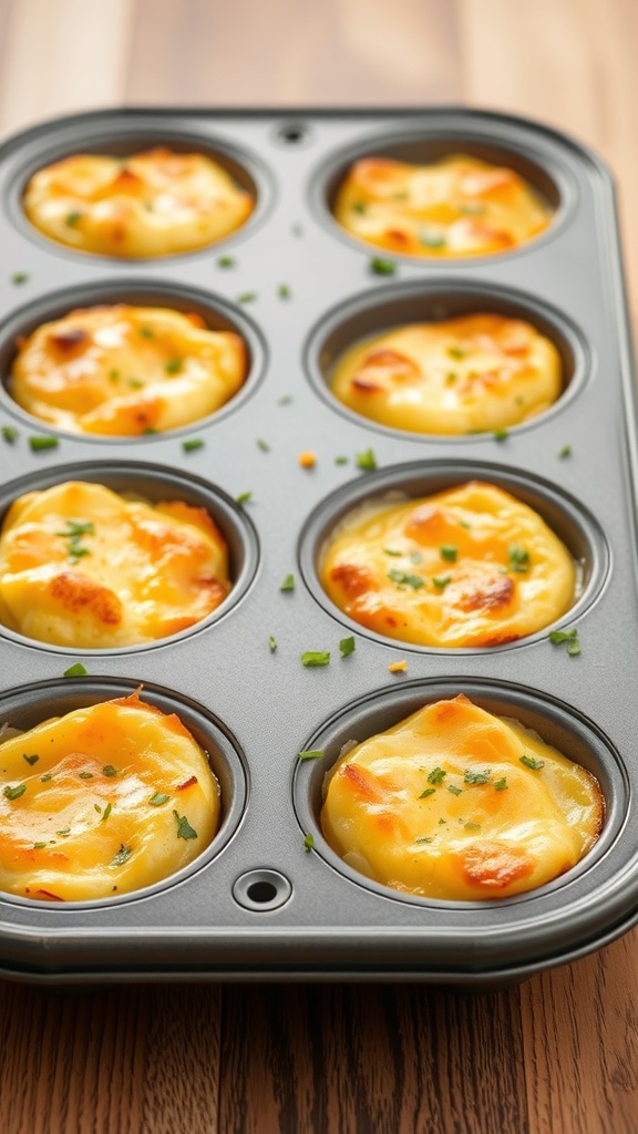 A tray of cheesy egg muffins, golden brown and fluffy, garnished with herbs.