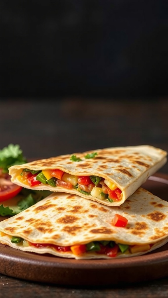 Veggie and cheese quesadillas on a wooden plate with colorful vegetables