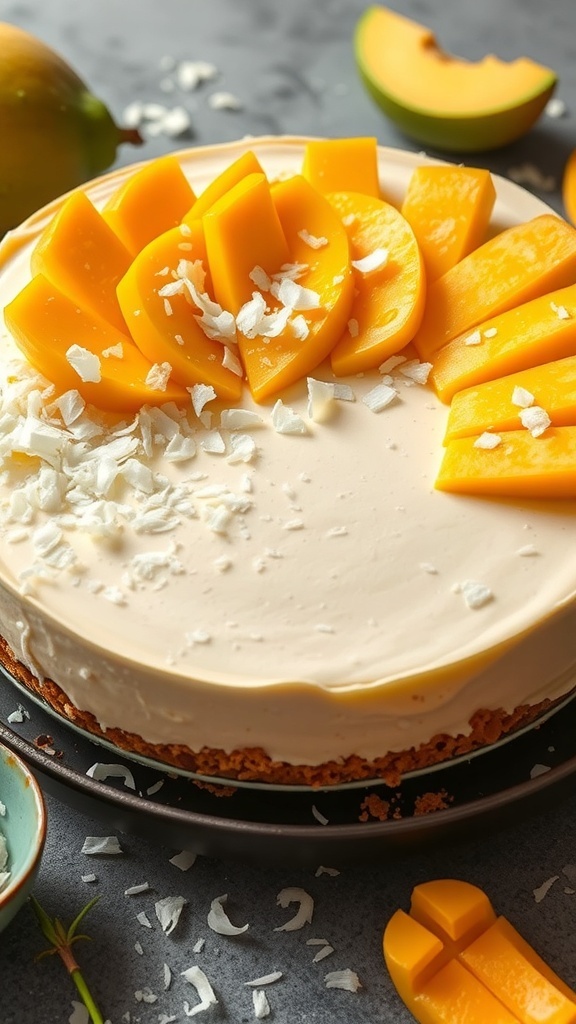 A delicious Mango Coconut No Bake Cheesecake topped with mango slices and coconut flakes.