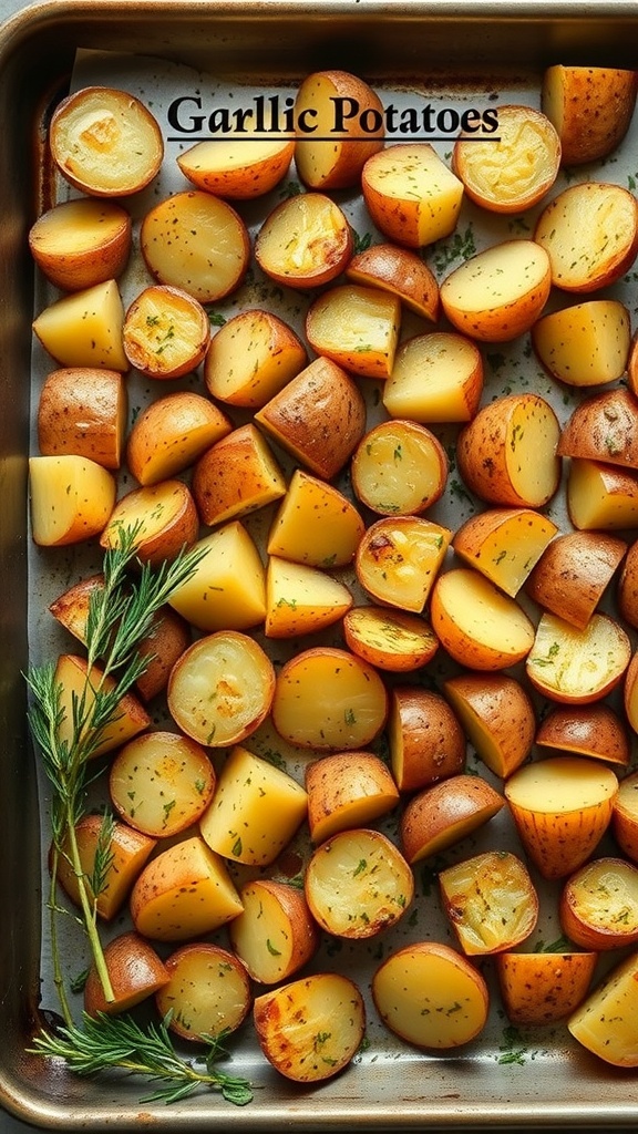 A tray of garlic butter roasted potatoes, golden brown and seasoned with herbs.