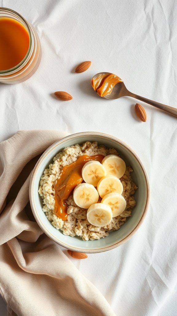 A bowl of oatmeal topped with almond butter and banana slices, with almonds and a jar of almond butter in the background.