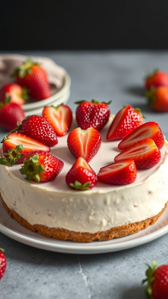 A classic no bake cheesecake topped with fresh strawberries on a gray surface.