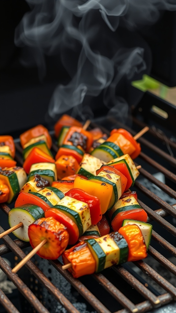 Grilled zucchini and bell pepper skewers on a grill