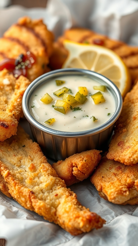 A bowl of zesty tartar sauce with pickles surrounded by crispy fried fish and lemon slices.
