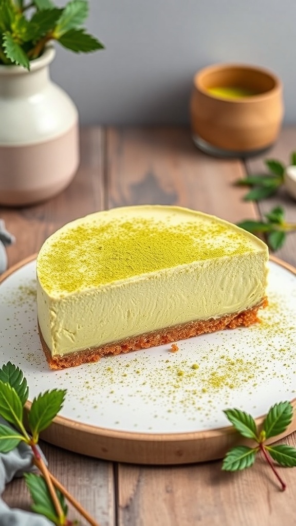 A slice of Matcha Green Tea No Bake Cheesecake on a wooden table, garnished with matcha powder and mint leaves.