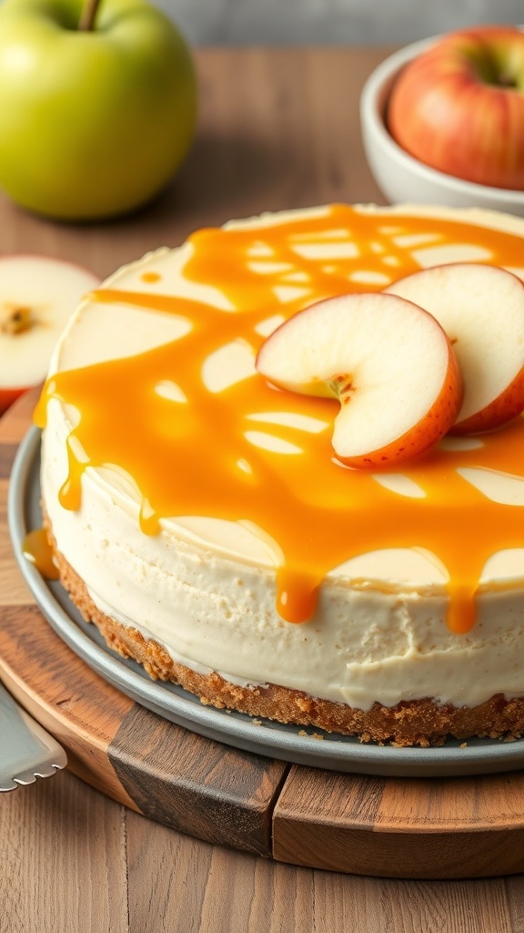 A delicious Caramel Apple No Bake Cheesecake topped with caramel sauce and apple slices.