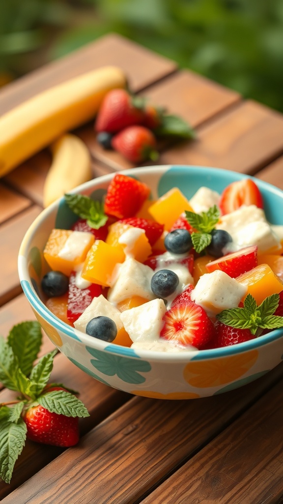 A colorful fruit salad with strawberries, blueberries, mango, and banana, garnished with mint leaves.
