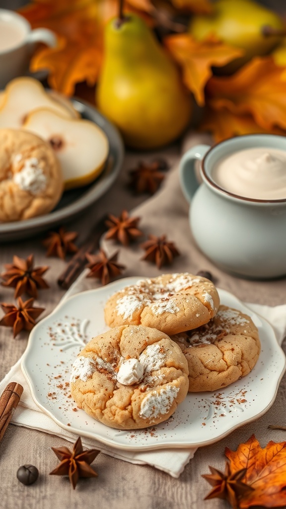 Delicious spiced pear cookies on a plate with fresh pears and autumn leaves.