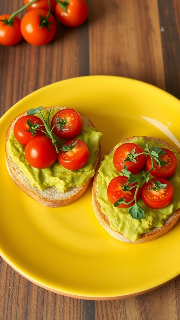 Two halves of an English muffin topped with avocado and cherry tomatoes on a yellow plate.
