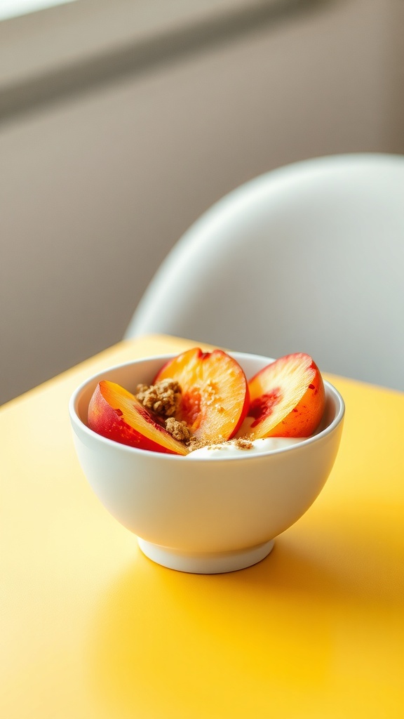 A bowl of sliced peaches on yogurt with granola on a yellow table.