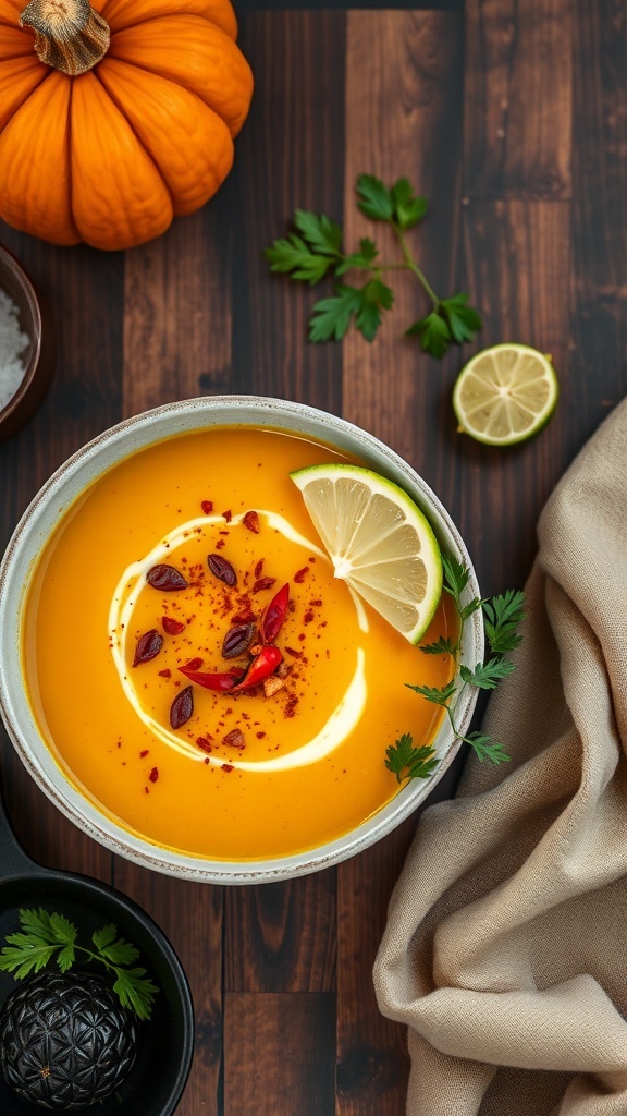A bowl of curried pumpkin and coconut soup garnished with cream, herbs, and lime, with a pumpkin in the background.