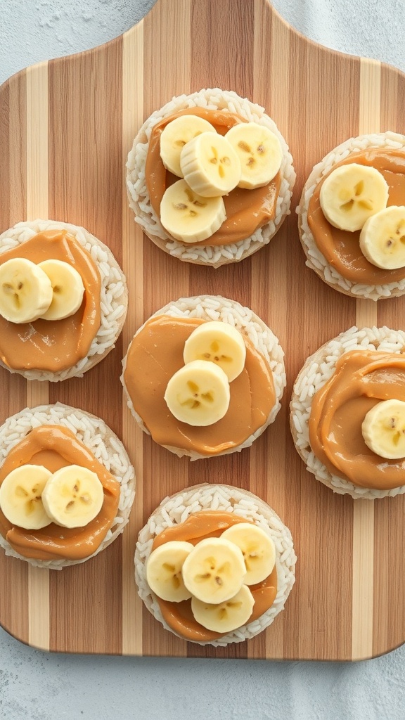 Rice cakes topped with peanut butter and banana slices on a wooden cutting board