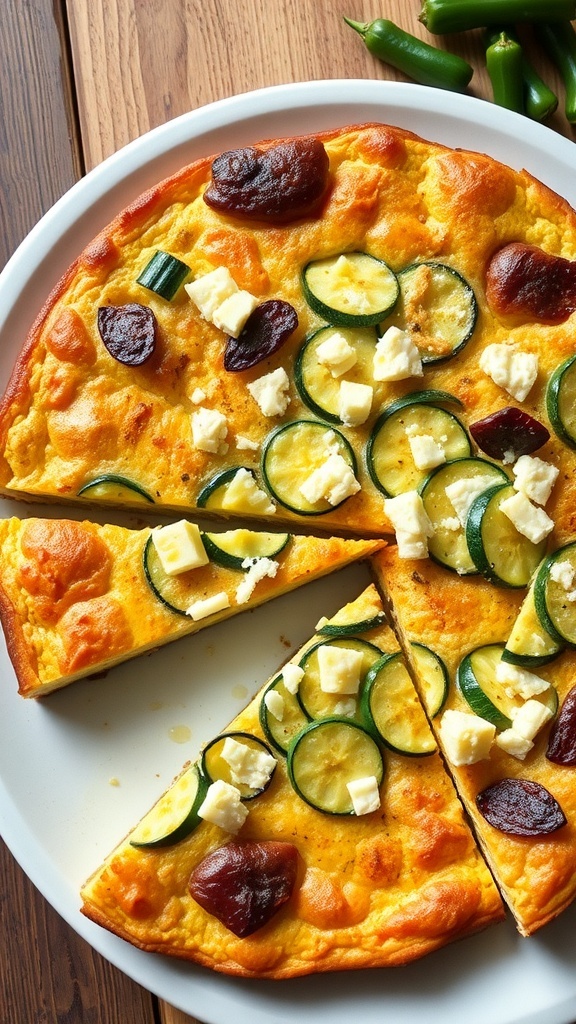 A sliced zucchini and feta cheese frittata on a white plate, garnished with green chilies.