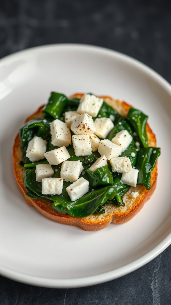 A toasted English muffin topped with sautéed spinach and crumbled feta cheese.