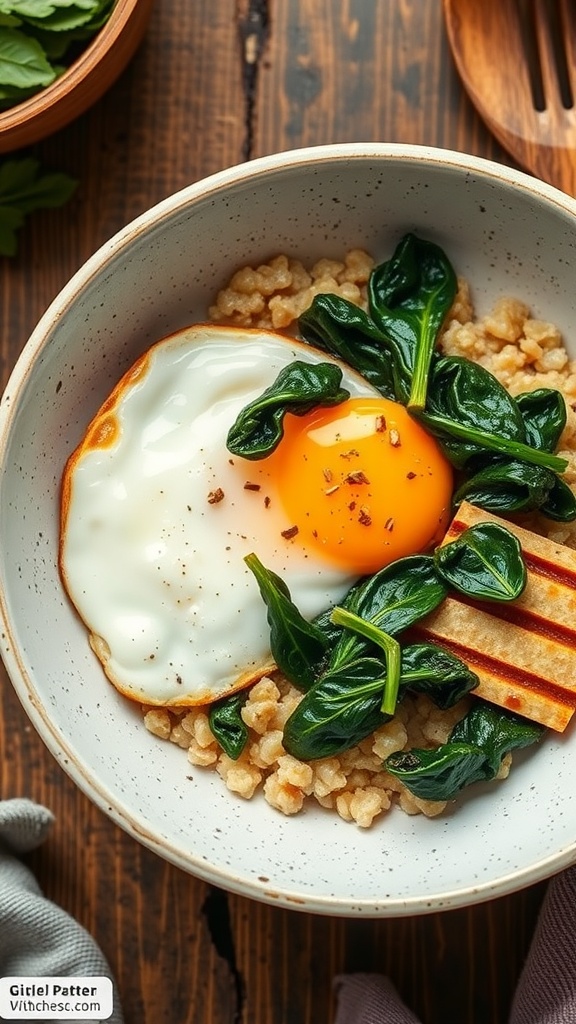 A bowl of savory oatmeal topped with spinach and a fried egg, served on a wooden table.