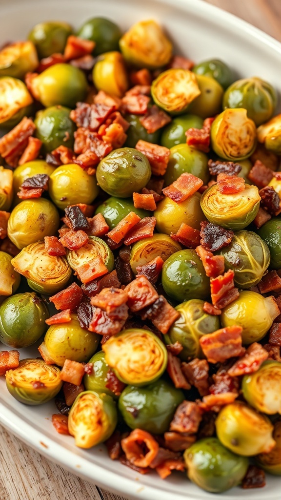 A dish of roasted Brussels sprouts with crispy bacon pieces on top.
