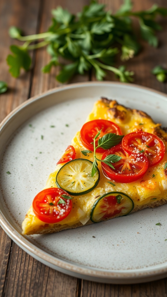 A slice of zucchini and tomato frittata on a plate, garnished with fresh herbs.