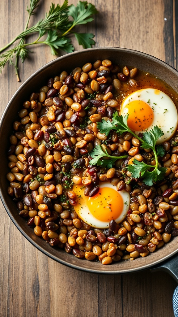 A skillet filled with lentils, beans, and eggs, garnished with fresh herbs.