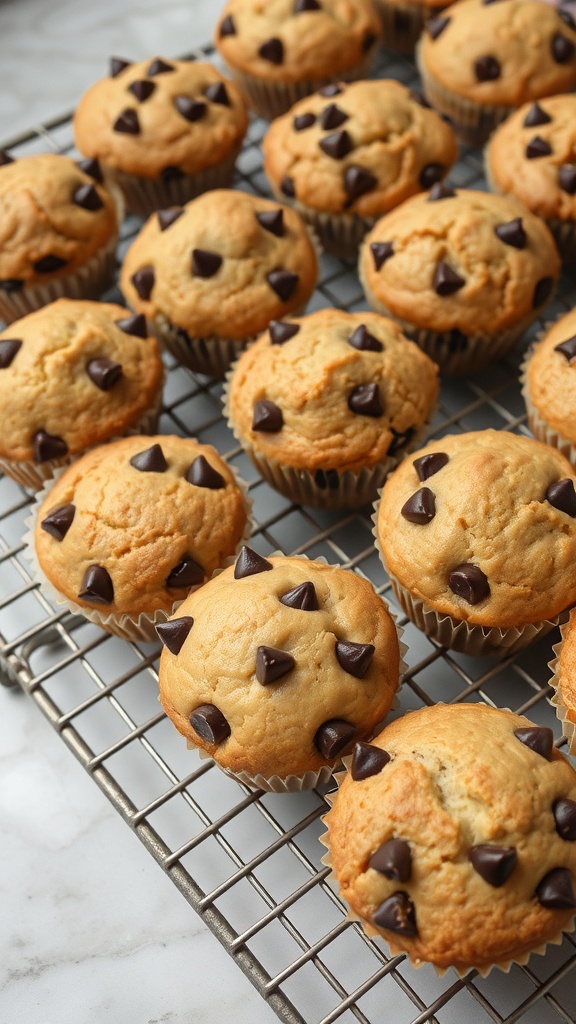 Freshly baked chocolate chip muffins cooling on a wire rack.