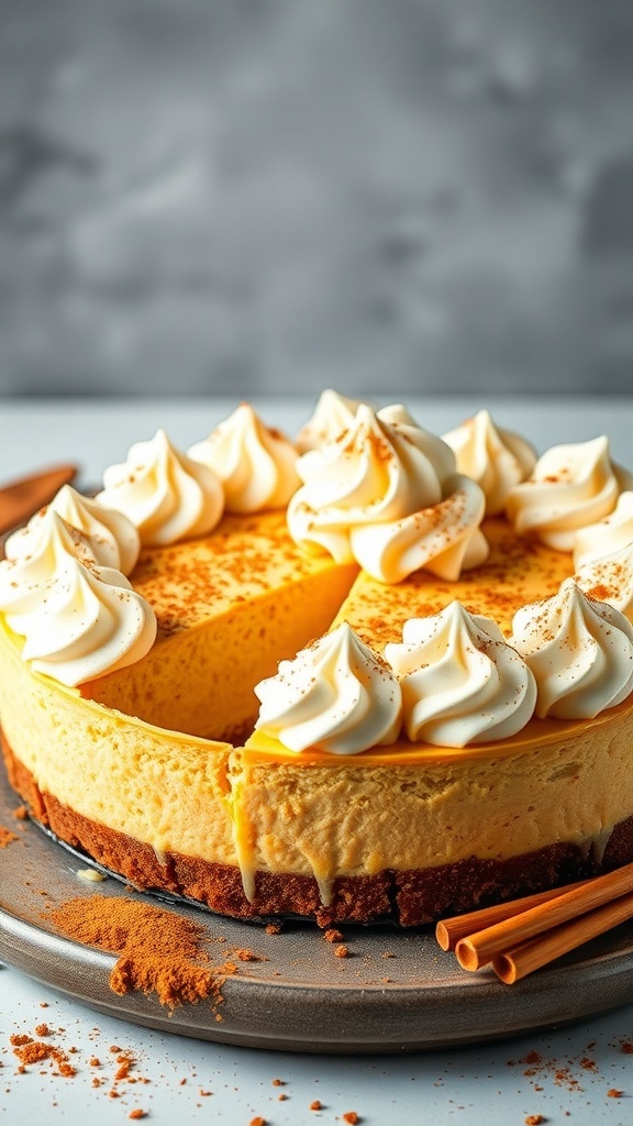 A delicious pumpkin spice no bake cheesecake topped with whipped cream and cinnamon.