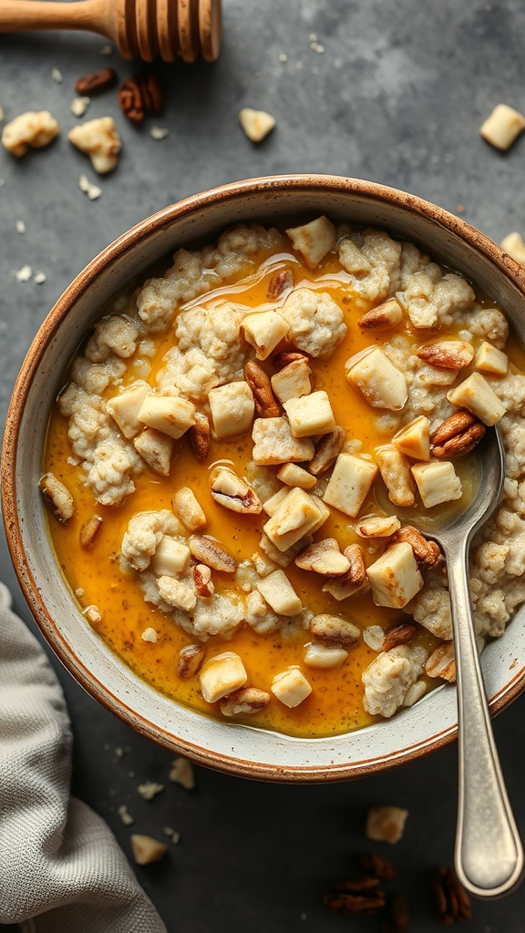 A bowl of oatmeal topped with honey and nuts, with a spoon beside it.