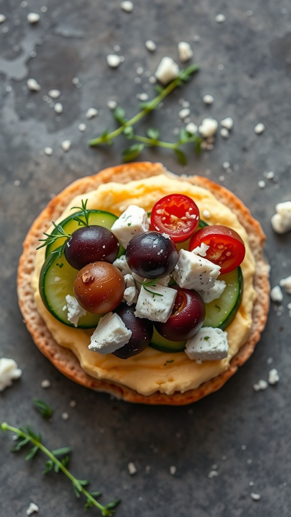 A Mediterranean Veggie English Muffin topped with hummus, cucumbers, cherry tomatoes, olives, and feta cheese.