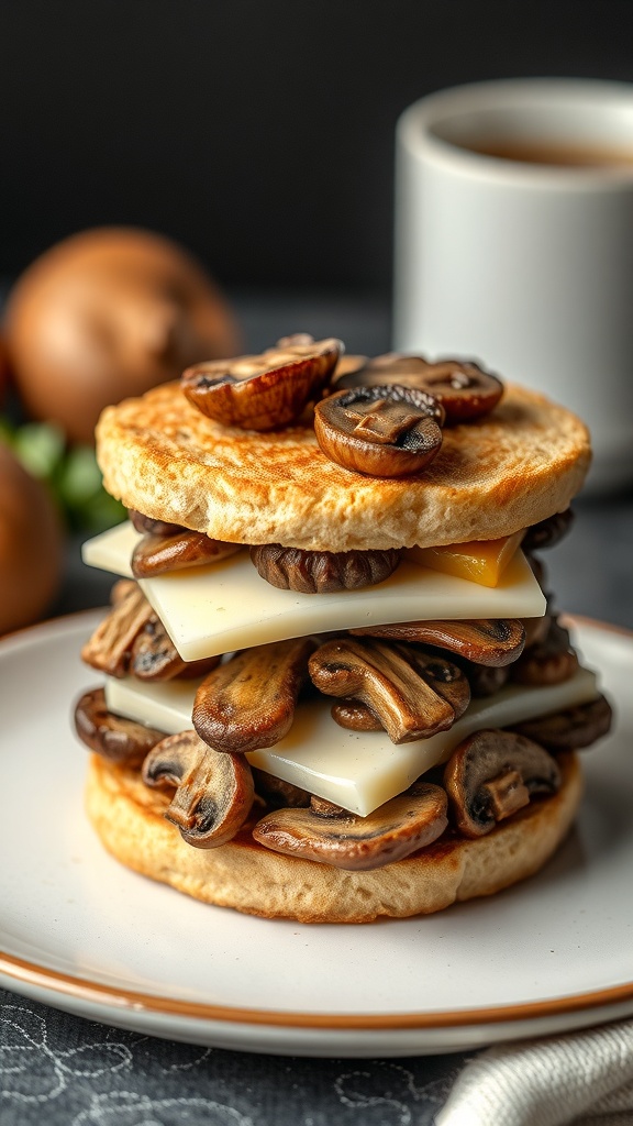 A stack of English muffins layered with sautéed mushrooms and Swiss cheese, served on a plate with a coffee cup in the background.