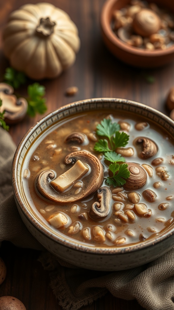 A bowl of Wild Mushroom and Barley Soup garnished with herbs, surrounded by mushrooms and a pumpkin.