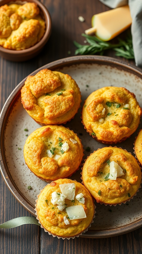 A plate of savory breakfast muffins topped with cheese and herbs, showcasing a golden and fluffy texture.