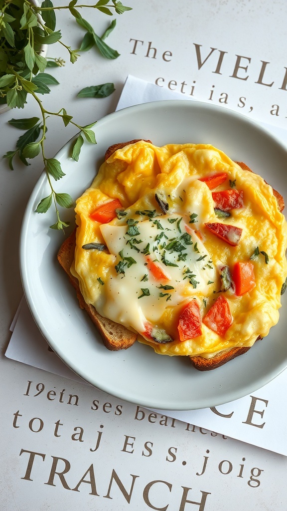 A delicious cheese and veggie omelette served on toast with fresh herbs and tomatoes.