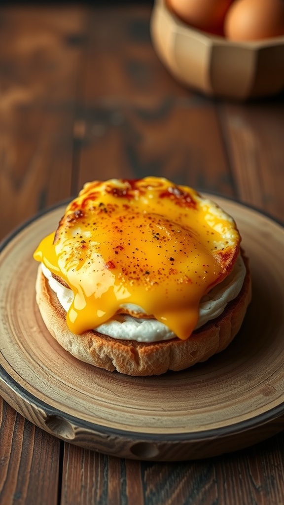 A savory egg and cheese English muffin sandwich with a runny yolk, served on a wooden plate.