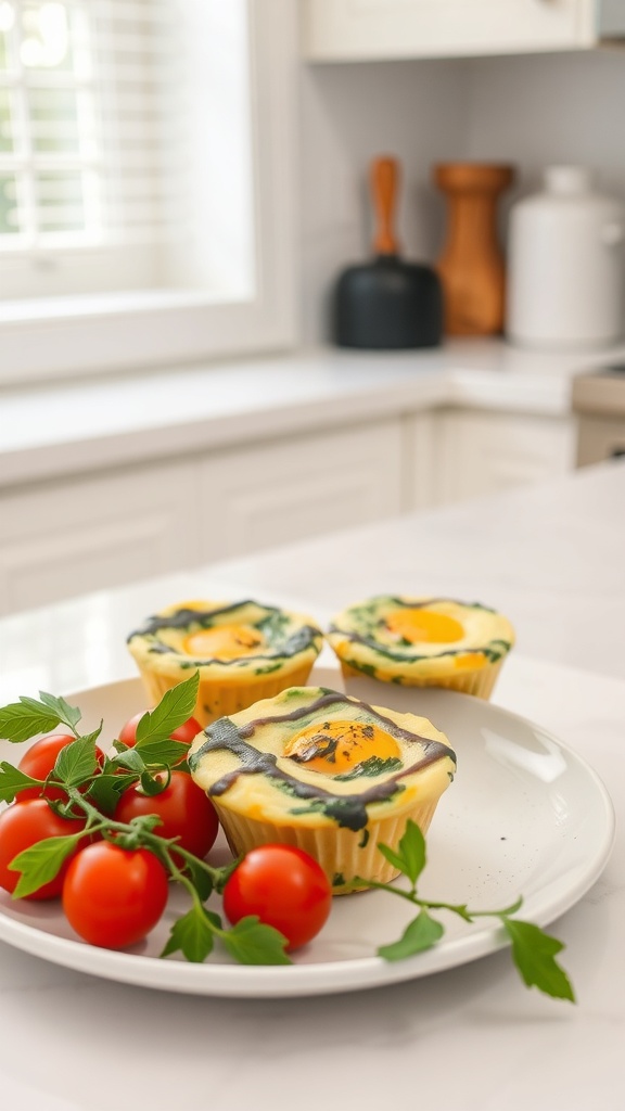Three spinach and feta egg muffins on a plate with cherry tomatoes
