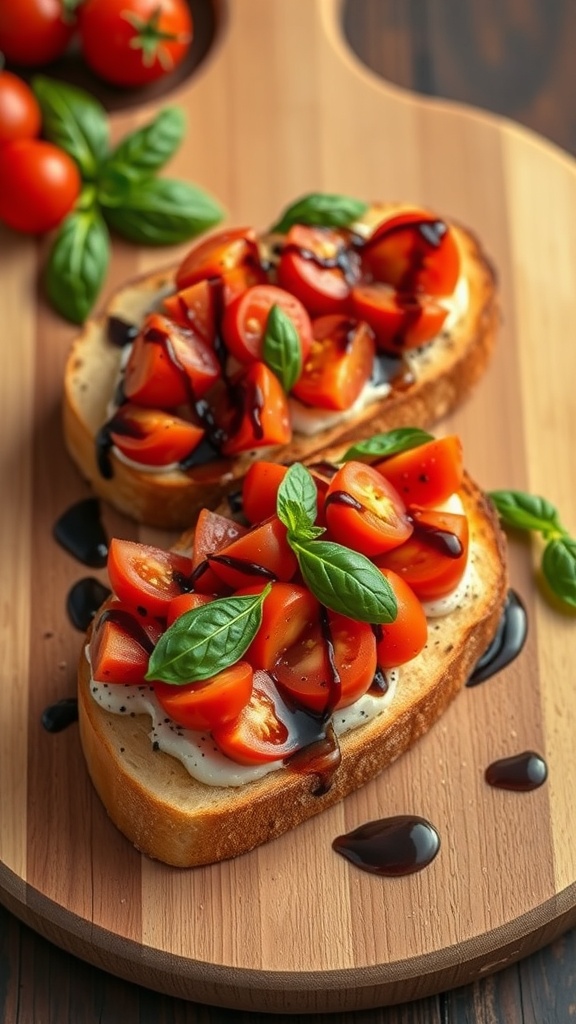 Two slices of bruschetta topped with chopped tomatoes and basil on a wooden board