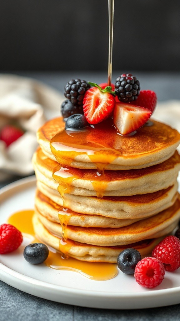 A stack of mini pancakes topped with fresh berries and syrup.