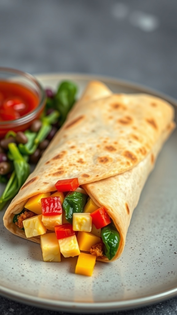 A savory breakfast burrito filled with colorful veggies and eggs, served with a side of salsa.