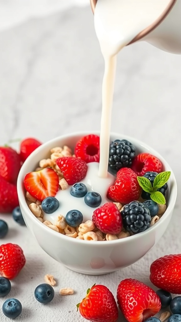 A bowl of cereal topped with fresh berries and milk being poured over it.