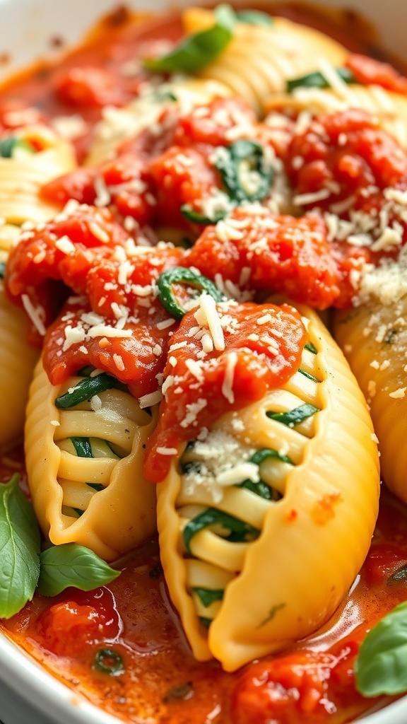 A close-up of zucchini and spinach stuffed shells topped with tomato sauce and cheese.