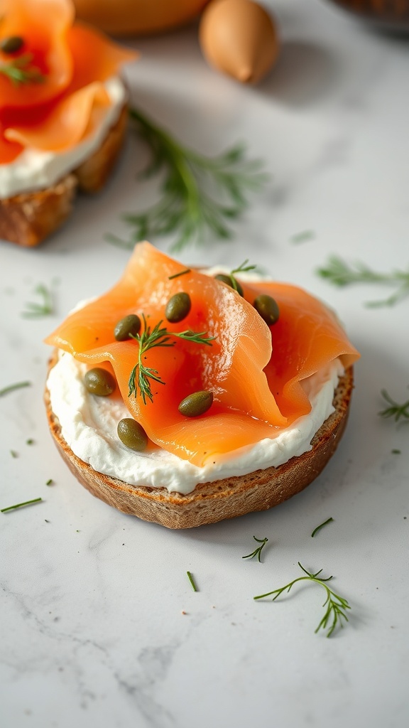 An English muffin topped with cream cheese, smoked salmon, capers, and dill.
