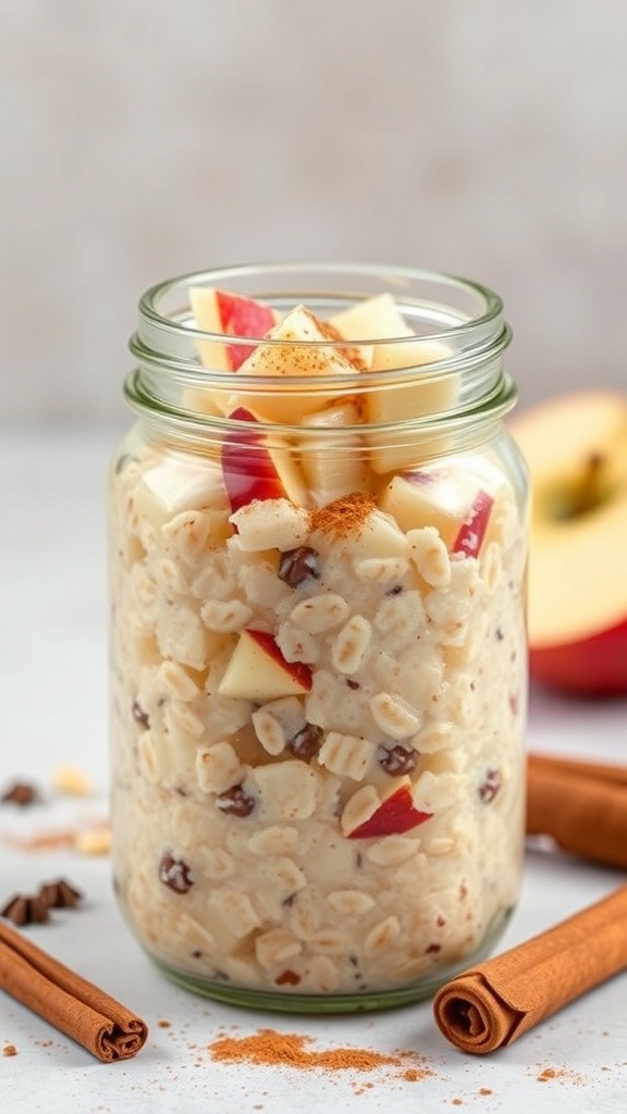 A jar of apple cinnamon overnight oats with chopped apples and cinnamon sticks