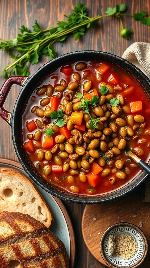 A bowl of hearty lentil and vegetable stew with fresh herbs and crusty bread on the side.