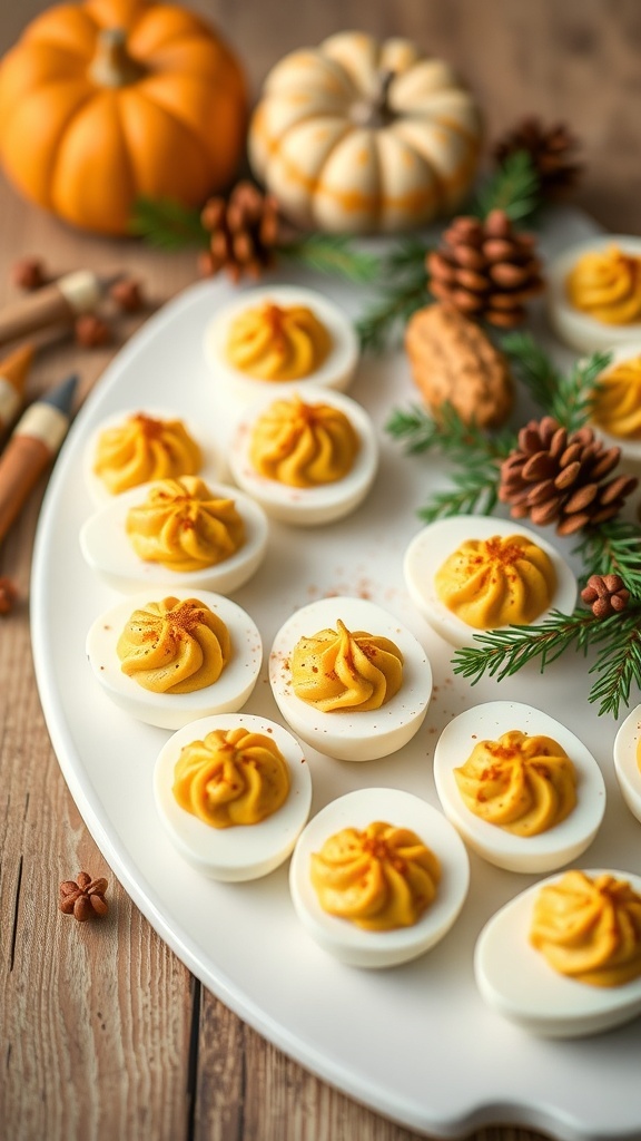 Pumpkin Spice Deviled Eggs on a white platter with pumpkins and pinecones in the background