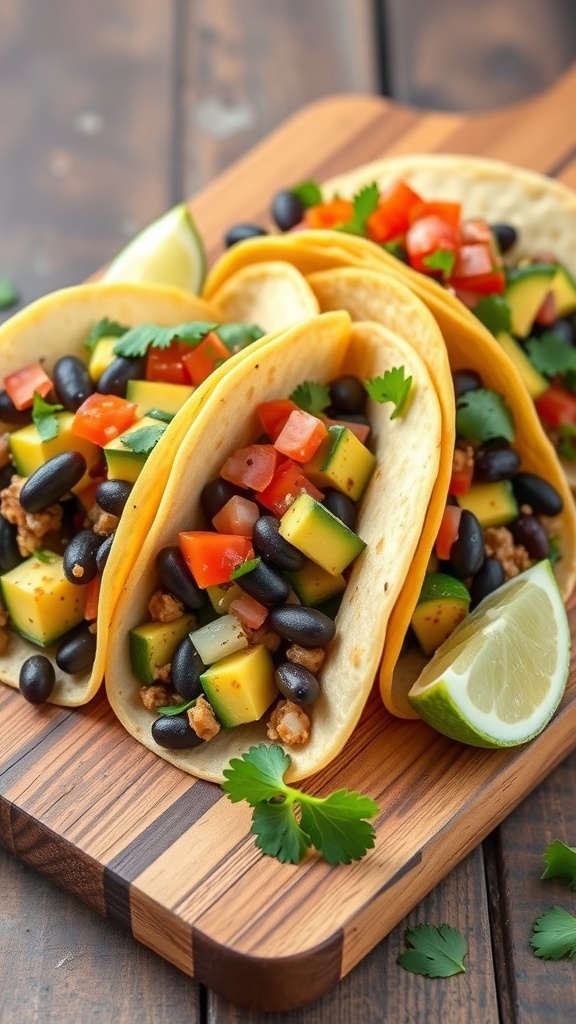 A plate of zucchini and black bean tacos with fresh ingredients and lime wedges