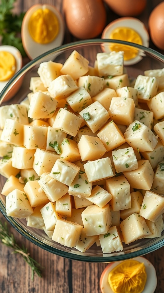 A bowl of classic potato salad with diced potatoes and hard-boiled eggs, garnished with herbs.