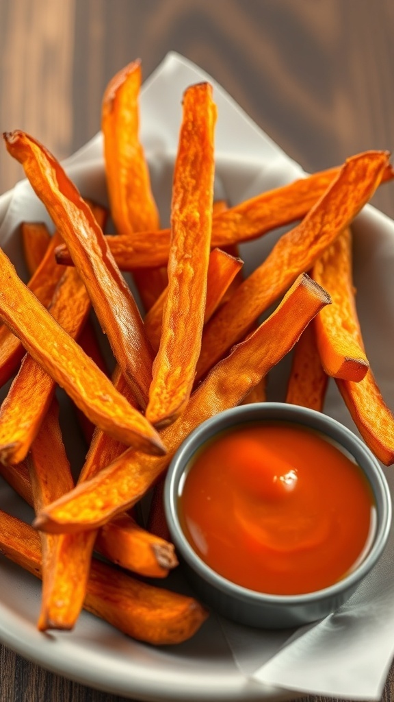 A plate of crispy sweet potato fries served with a spicy dip.